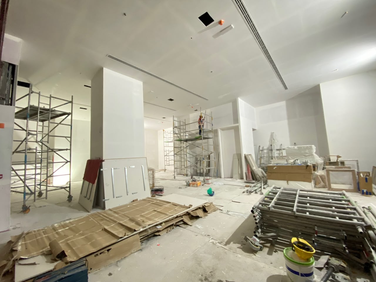 Steel partition framework being erected during a fit-out project