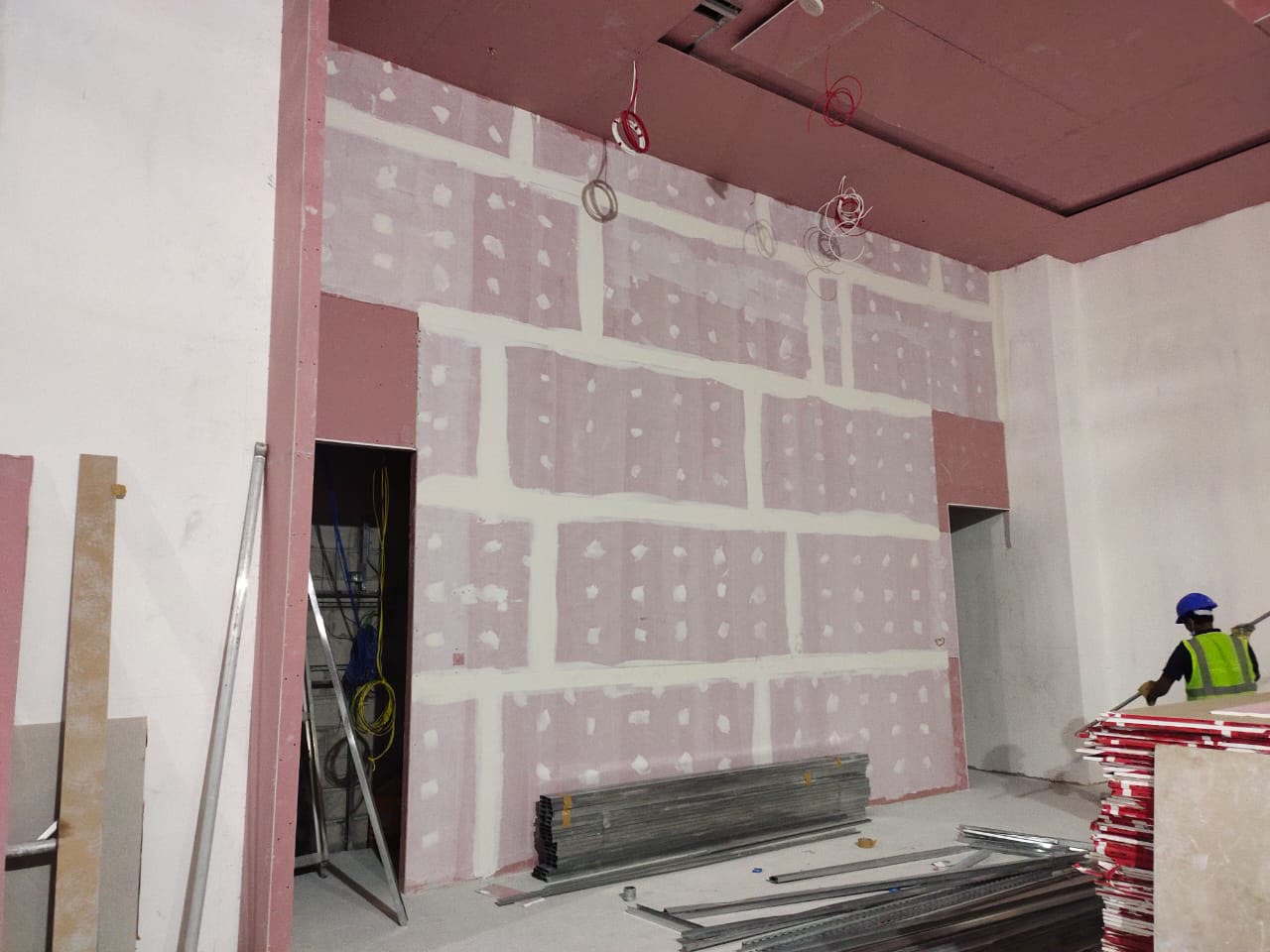 Interior framing and drywall installation in progress